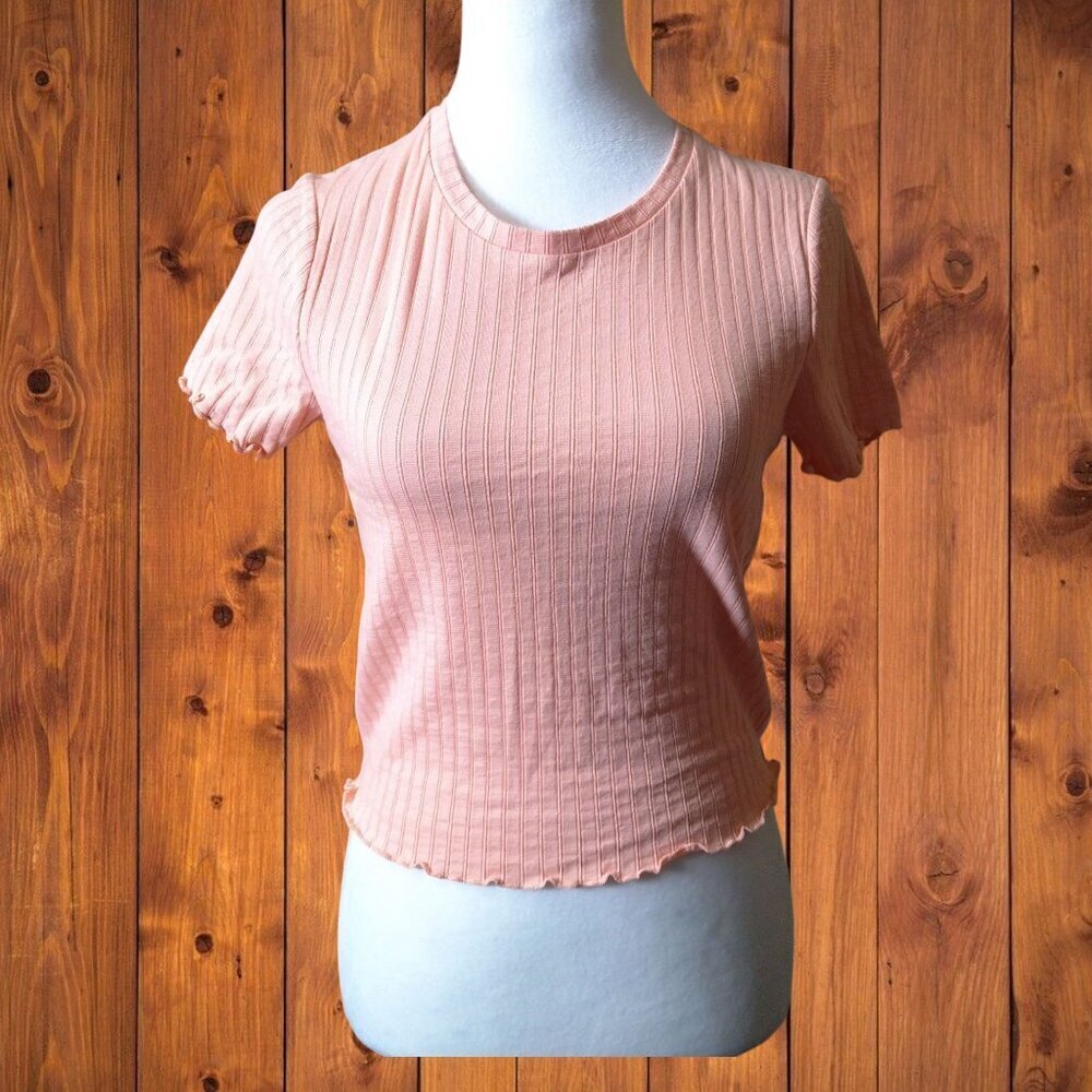 WILD FABLE JUNIORS MEDIUM LIGHT ORANGE SHORT SLEEVE CROP TOP LETTUCE HEM NEW